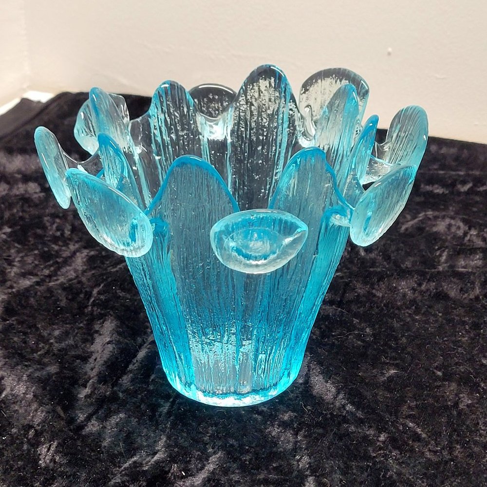 Vintage Viking Blue Glass Brutalist Crown Vase